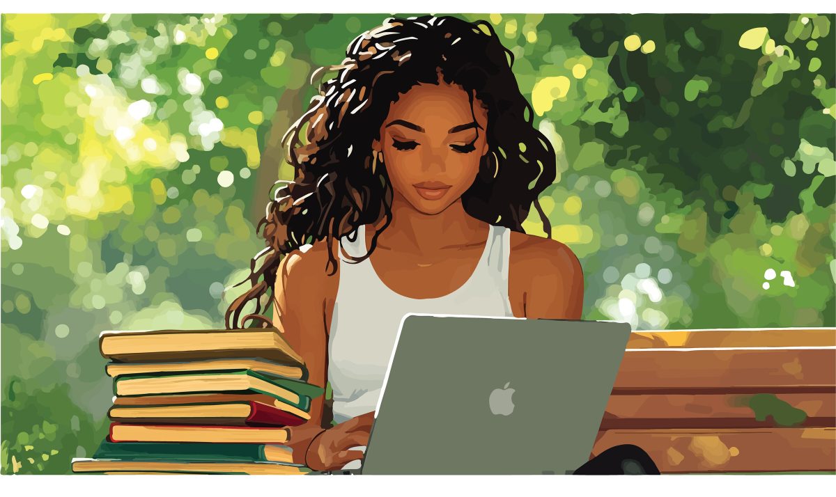 Illustration de Pretorya Davis écrivant sur son ordinateur, assise sur un banc près d’une pile de livres